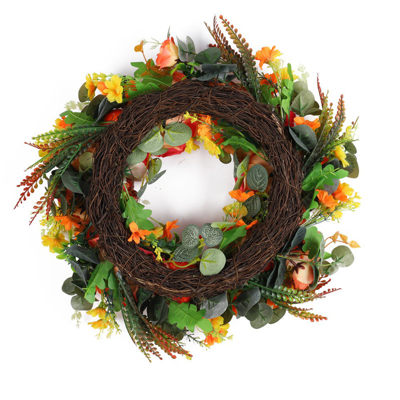 Couronne artificielle de pivoines d'automne et de citrouille, couronne florale d'automne 17,7 po avec eucalyptus, décoration de couronne de porte d'entrée pour la maison et le porche