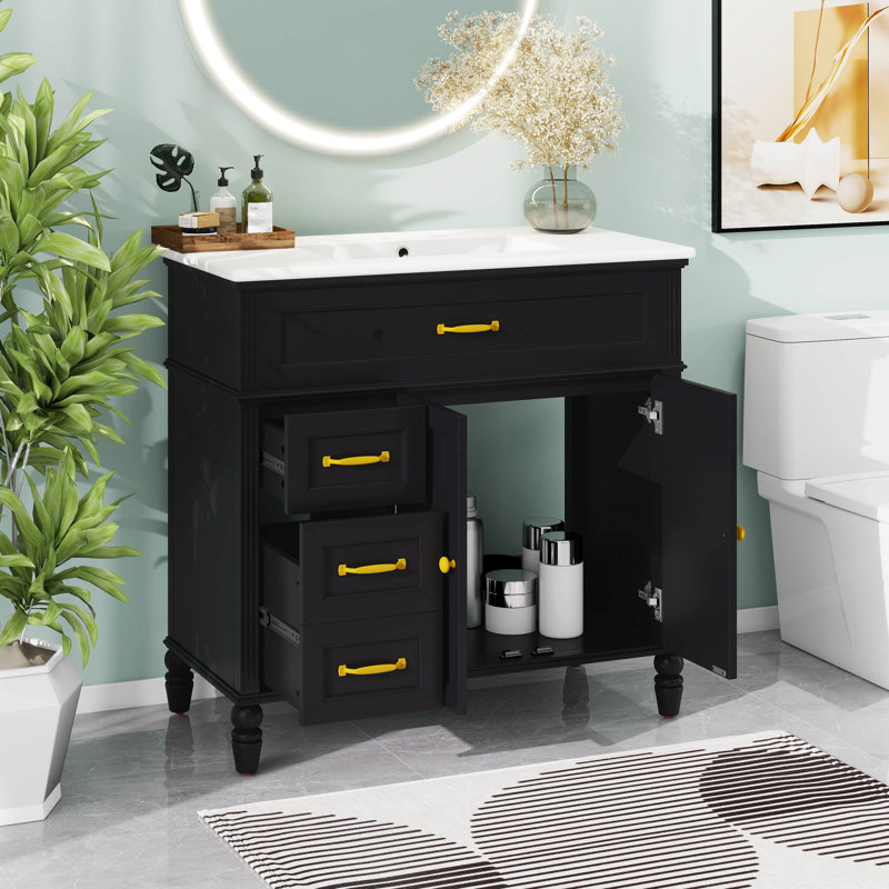 Meuble-lavabo 36 po avec lavabo en céramique, armoire de rangement avec portes et tiroirs, pieds rétro, bois massif et panneau de fibres à densité moyenne