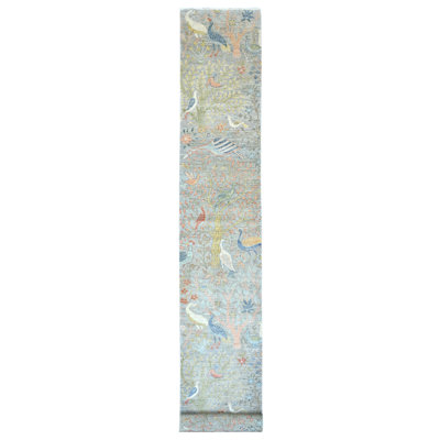 Tapis Peshawar afghan 2 pi 6 po x 20 pi 2 po avec motif d'oiseaux du paradis en laine douce nouée à la main, teinture végétale, tapis XL, tapis oriental