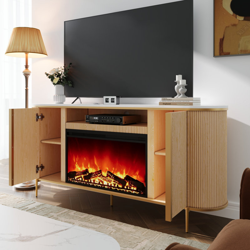 70" Fluted Fireplace Tv Stand - Faux Marble Top Modern Media Console, Natural Oak