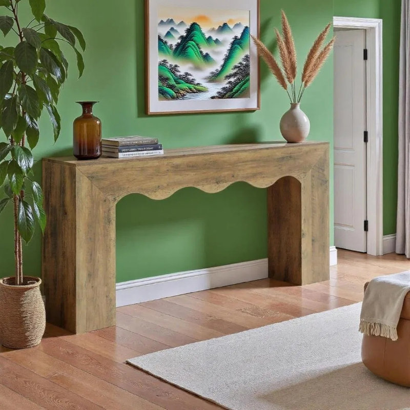 Console de style campagnard, support décoratif à devant ondulé, longue table étroite pour le vestibule et derrière le canapé