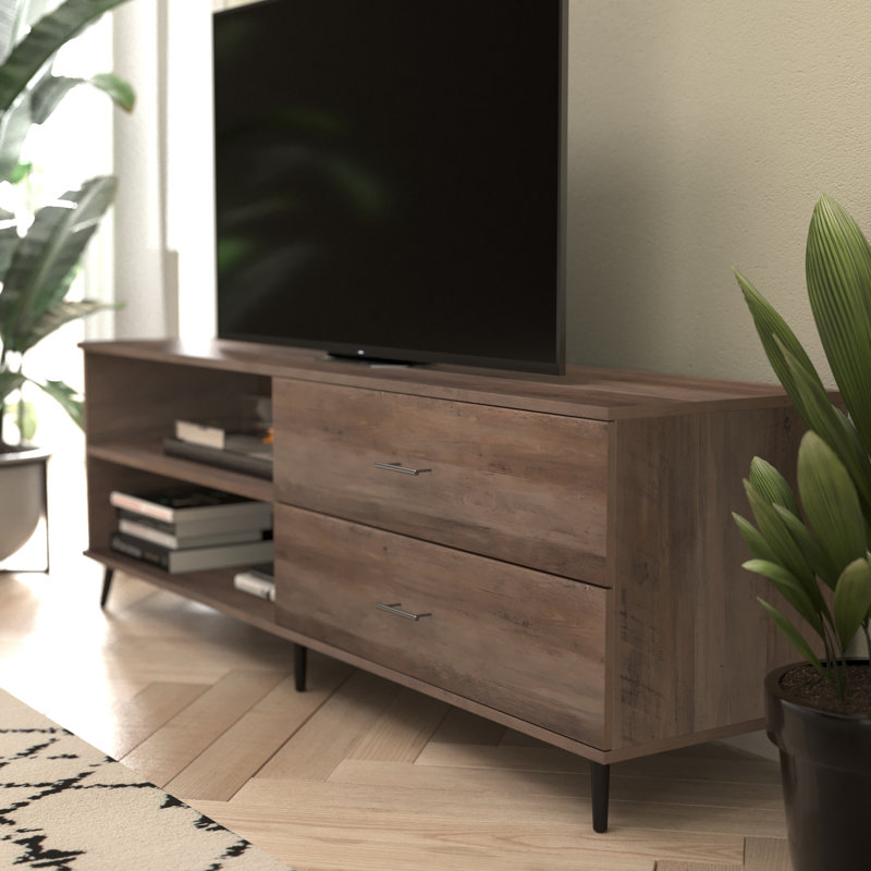 65" Mid Century Modern TV Stand for up to 60" TV's with Adjustable Shelf and Storage Drawers, Walnut