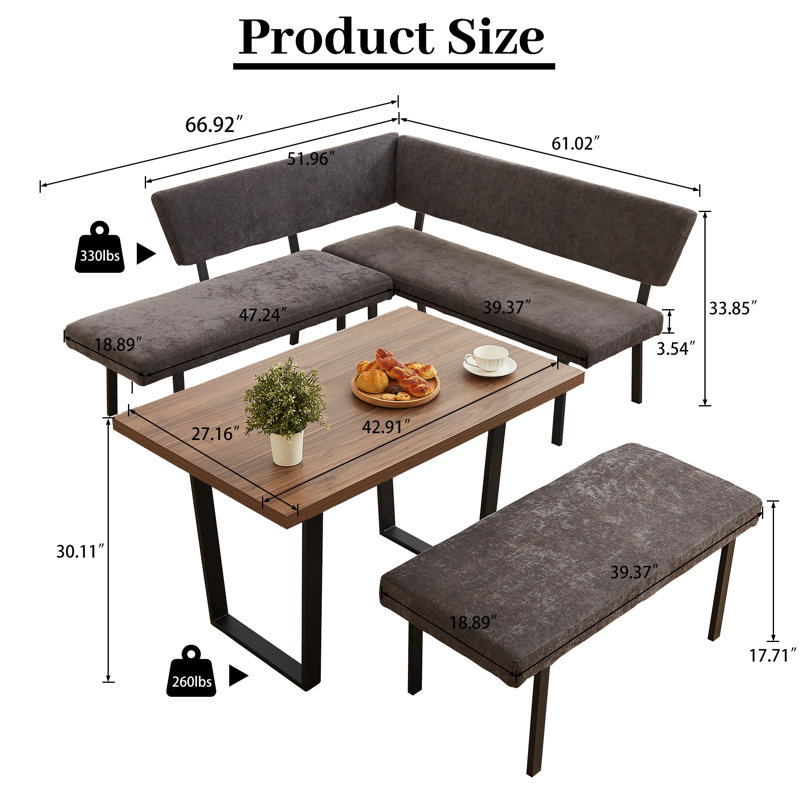 Ensemble de table de salle à manger 3 pièces Table rectangulaire, 1 canapé d'angle et 1 banc, Gris, Walnut
