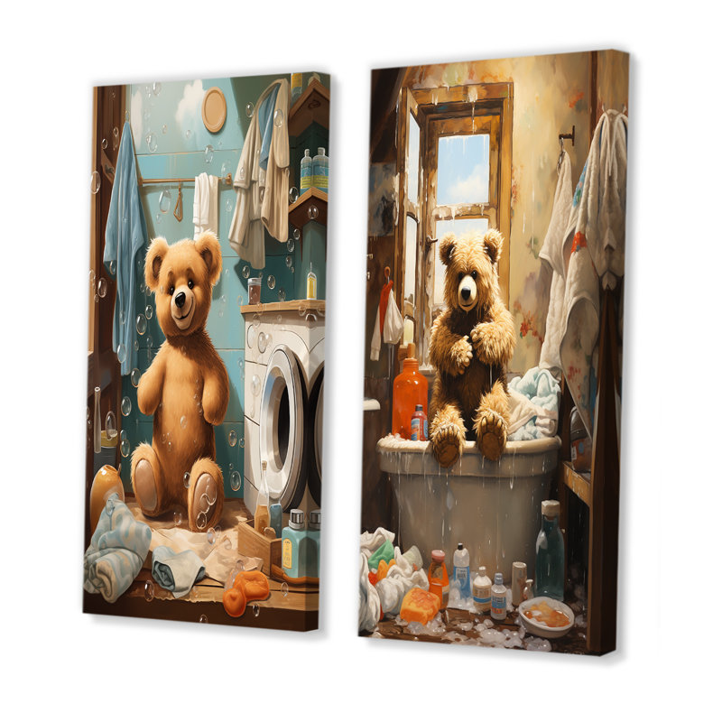 Ensemble de 2 ours Bear Laundryroom Bubbles IV - Laundry Wall Art, H 32 po x l 33 po, Toile tendue