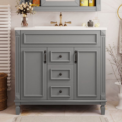Meuble-lavabo 36 po avec lavabo supérieur, armoire de rangement moderne avec 2 portes à fermeture douce et 2 tiroirs, meuble-lavabo simple
