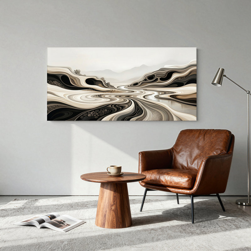 Tableau abstrait sur toile représentant une rivière et des montagnes lointaines, dans des tons neutres., L 46 po x H 24 po