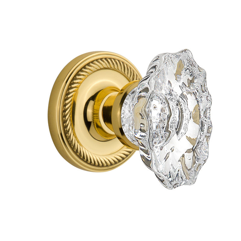 Bouton de porte de mortaise intérieure en cristal avec rosette chateau Rope, Laiton poli