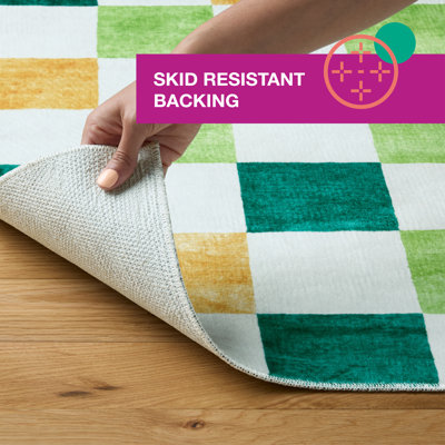 TOWN & COUNTRY PLAY Niko Checkmate Kids Plush Washable Area Rug, Green/Multi