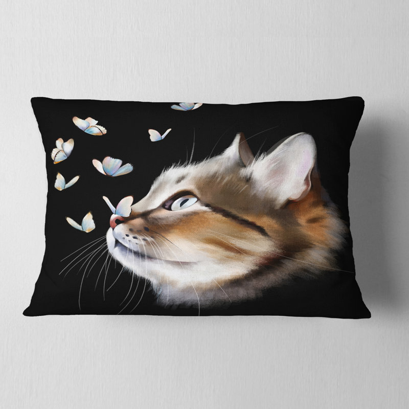 Chat avec papillons sur fond noir - coussin imprimé animal
