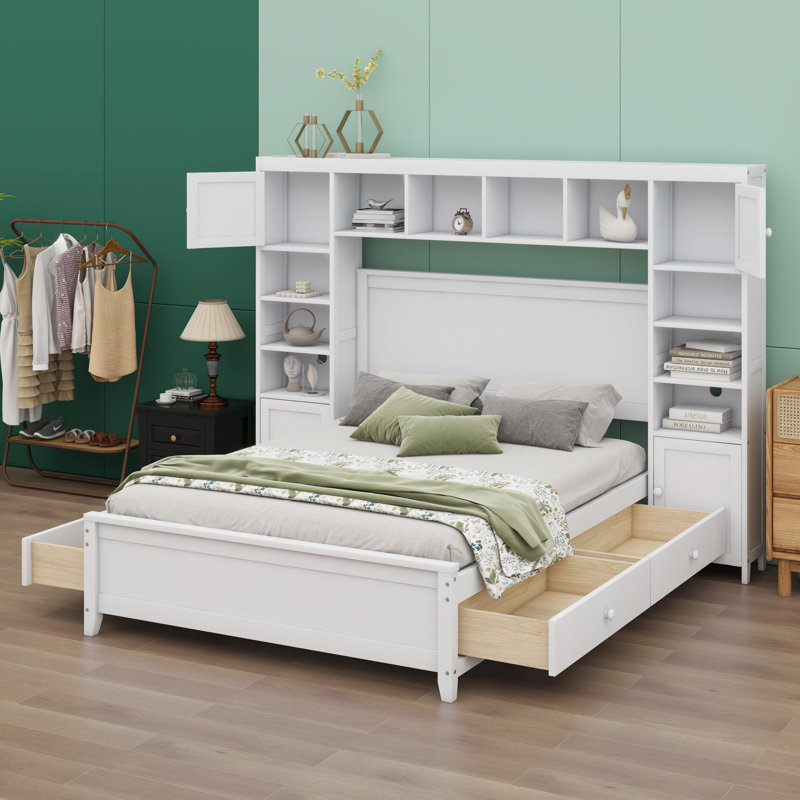 Lit plateforme double avec rangement double, Blanc