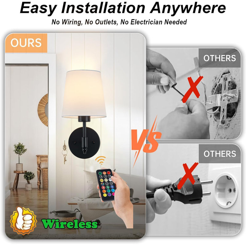 Rechargeable Cordless Wall Sconces Set Of 2 With Dimmable LED Bulb, Remote Control, And 13 Colour Options For Bedroom, Living Room, And Hallway