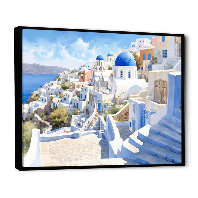 Grecque Santorini Odyssey II - Grèce, art mural, H 12 po x l 20 po x P 1 po, Cadre flottant noir