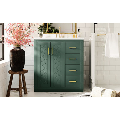 Meuble-lavabo de 30 po avec cadre en bois massif, charnières, planches, rangement spacieux pour tous les articles, style rétro et produits uniques à motif de rainures,