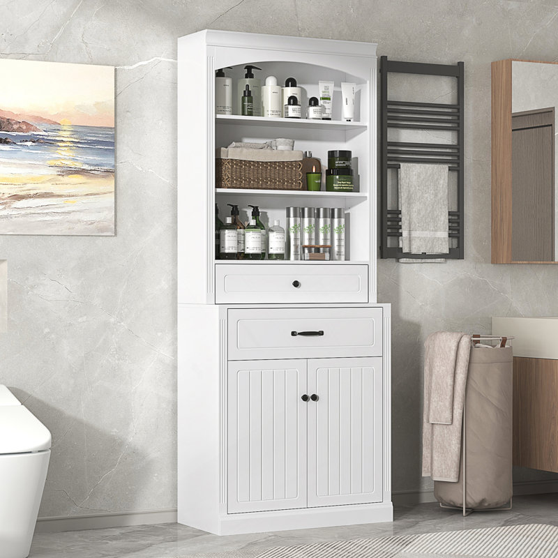 Armoire de rangement pour salle de bain avec deux portes, tiroirs, tablette réglable et trois tablettes ouvertes - Fabrication en panneau de fibres à densité moyenne durable