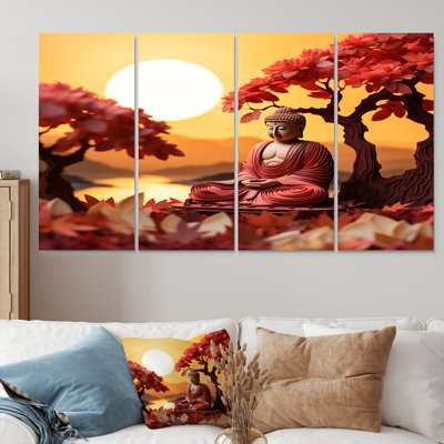 Red Buddha In Autumn Sunset Landscape - Buddhism Wall Art 4 Piece