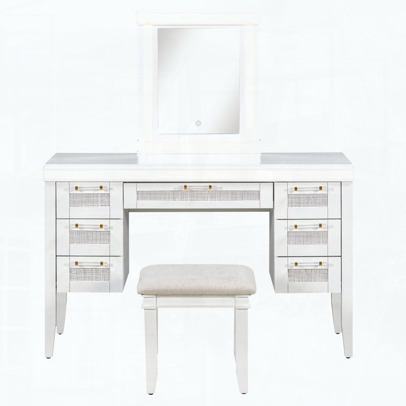 Vanity Desk with LED Mirror, 7 Drawers, Cushioned Stool, and Classic Beige Finish, Light beige