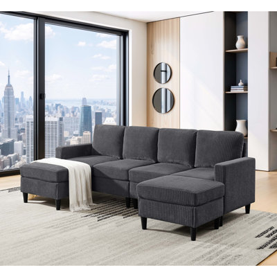 Canapé d'angle modulaire 4 places en velours côtelé gris foncé avec 2 poufs, style classique, revêtement d'assise durable, gris, pieds hauts, design épuré