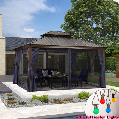 14 pi. L 10 pi. D Pavillon de jardin en aluminium avec guirlande de 48 pi