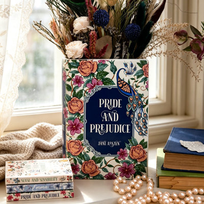 Steel Mill & Co Original Book-Shaped Decorative Ceramic Vase, Unique Pride And Prejudice Home Decor For Book Lovers, Cute Bookshelf Decor With Ribbed Page Details And Quote