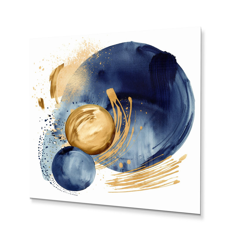 Bleu foncé et or, cercle abstrait, texture VII - impression sans cadre sur métal, H 16 po x l 16 po x P 1 po