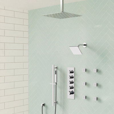 Ceiling Mount 16" High-Pressure Rainfall Shower Faucet, Dual Rainfall Shower Head System with Thermostatic Valve