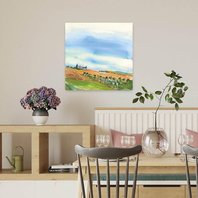Art contemporain de champs toscans avec des champs bleus, H 18 po x l 18 po