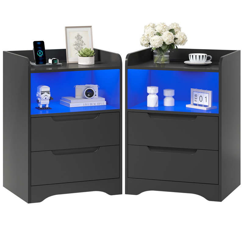 2 Drawer Bedside Table with Charging Station and LED Lights, LED Bedside Cabinets with 3-Sided Guard Rail for Bedroom, 35cm W Side Table