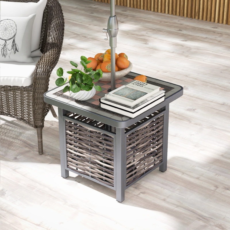 Square Metal Outdoor Side Table With Umbrella Hole , 55cm W 55cm D