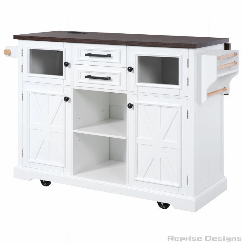 54.9" Kitchen Island with Drop Leaf, Power Outlet, White