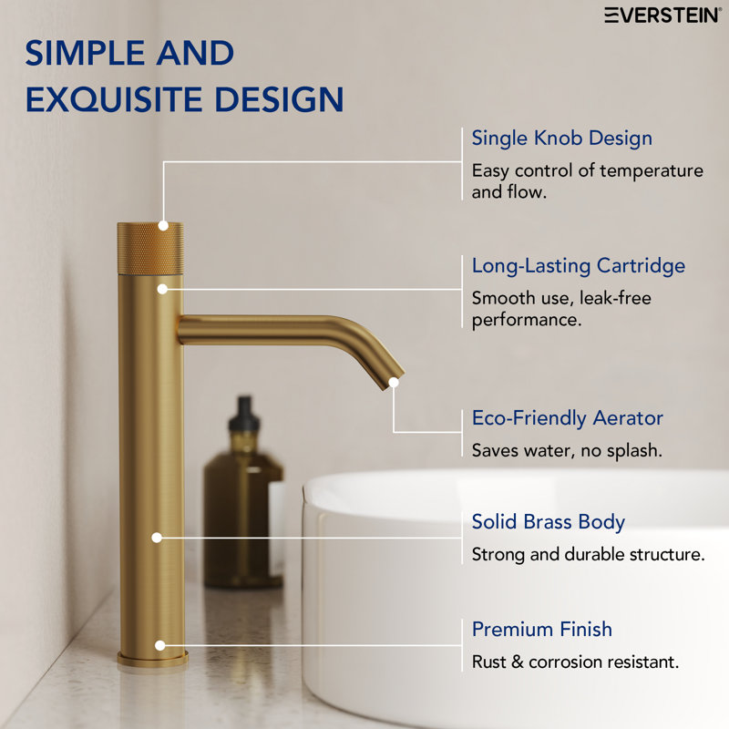 Single Hole Bathroom Vessel Faucet, Single Handle Bathroom Vessel Sink Faucet with Drain Assembly, Brushed Gold