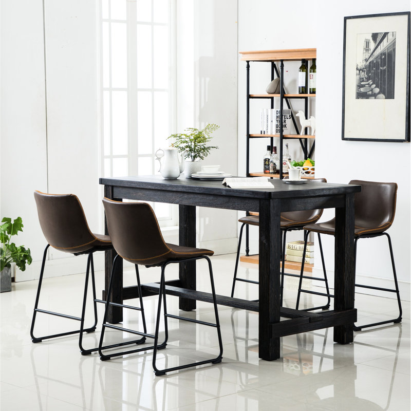 Table de salle à manger brun antique: comptoir, 4 chaises et chaises rectangulaires en bois de style rétro, Brun / Noir