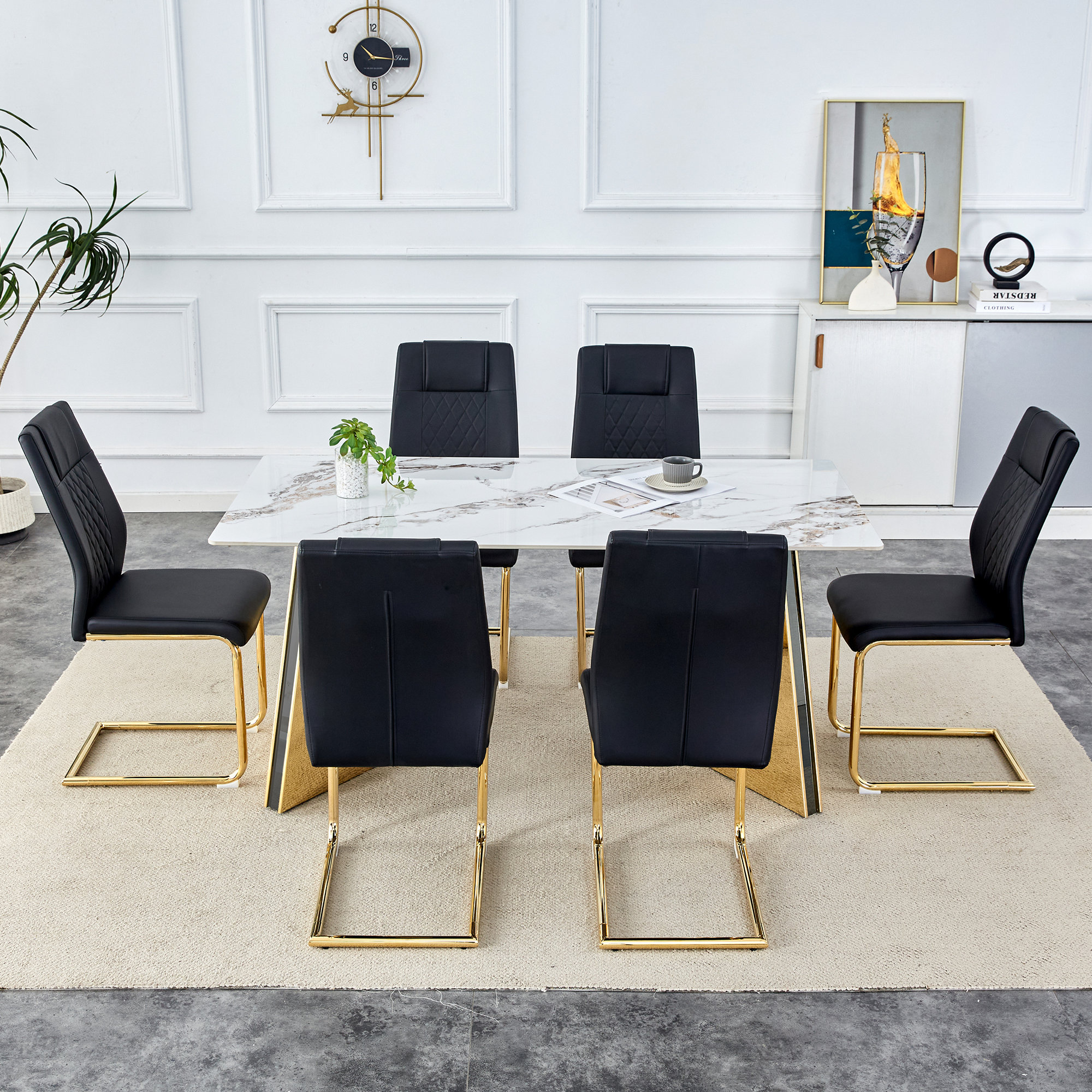 Orren Ellis 63" Luxury Cold Jade Sintered Stone Dining Table Set With ...