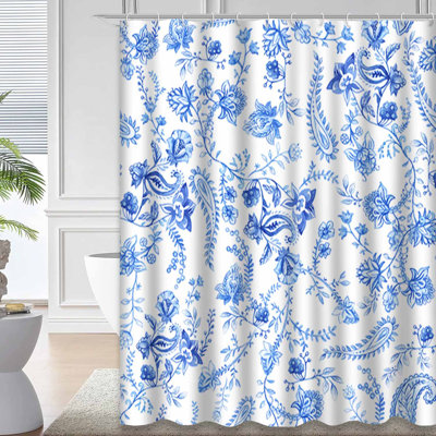 Rideau de douche bleu à motif floral avec 12 crochets