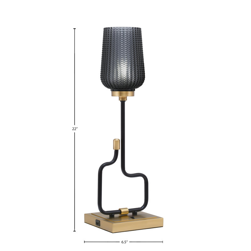 Lampe d'appoint Amarmula, avec ports USB, fini noir mat et laiton vieilli, verre texturé fumé de 5 po, Doré, Transparent/noir