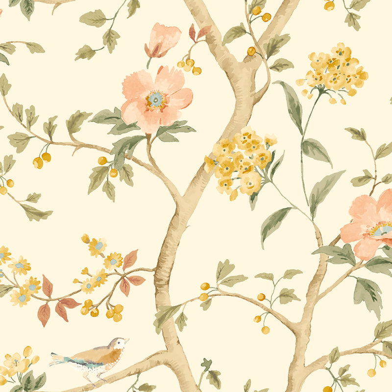 Bird Song - Silver 10m Wallpaper, Yellow Floral