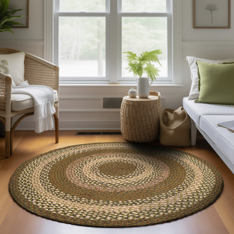 Bryiana Farmhouse Braided Jute Green Area Rug, Round 3'