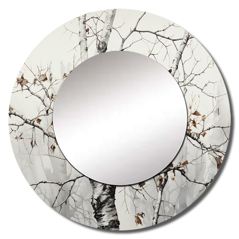 Sady arbre monochrome Whispers of Grey and White II - miroir monochrome, miroir mural rond traditionnel, impression sur métal