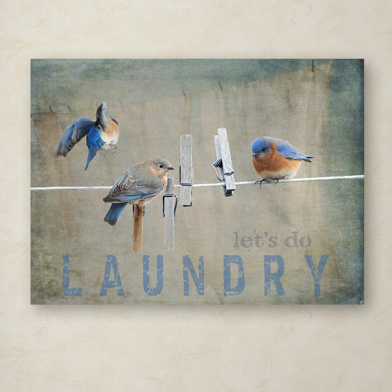 Wrapped Canvas Wall Art - Jai Johnson 'Laundry Day Bluebirds' Wall Art for Living Room, Bedroom, or Office Décor - 18x24