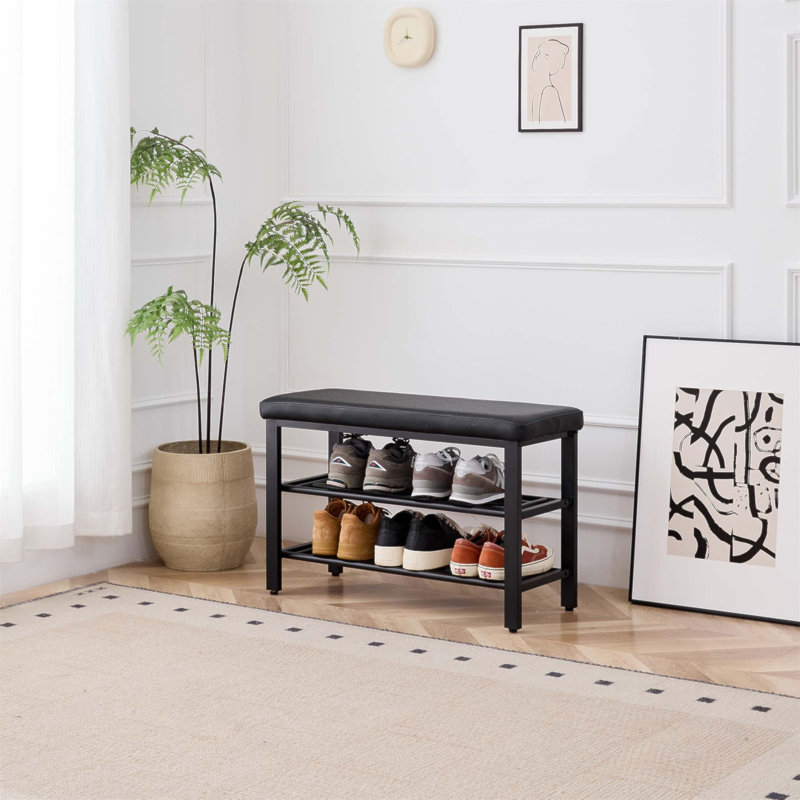 Banc de rangement compact à 3 niveaux pour chaussures avec coussin en polyuréthane, tablettes en filet pour l'organisation du vestibule et du couloir