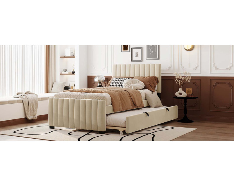 Lit plateforme tapissier simple en velours avec lit gigogne simple, beige, Beige