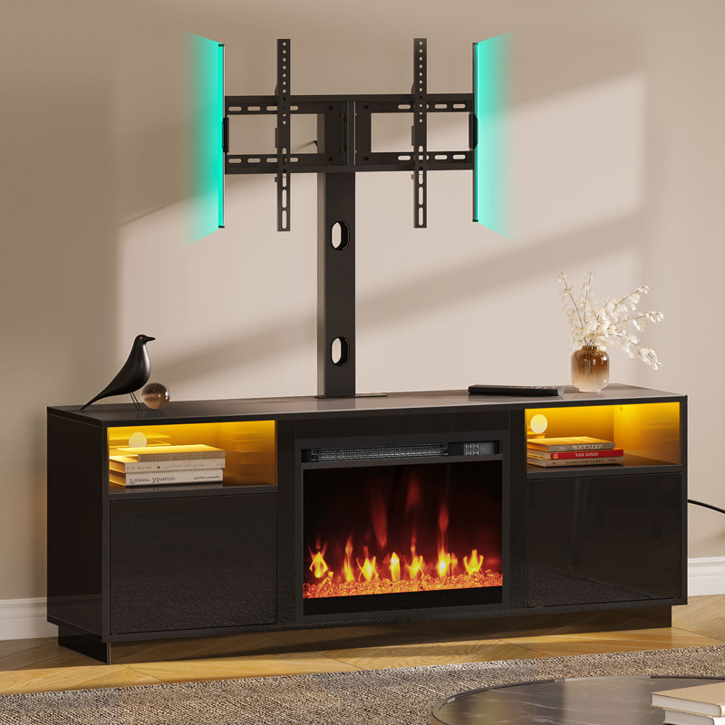 Heiden Fireplace TV Stand with Power Outlets and LED Lights, Adjustable TV Mount for TVs up to 70", Black