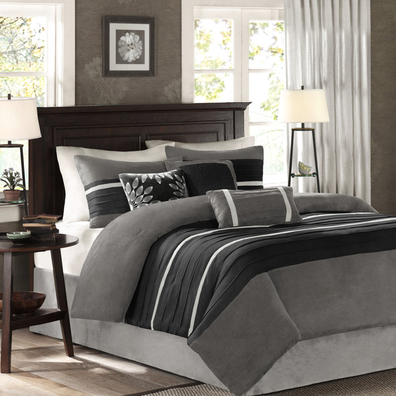 Édredon 7 pièces - très grand, suède noir avec coussins au design moderne, Édredon de très grande taille et 6 pièces suppl
