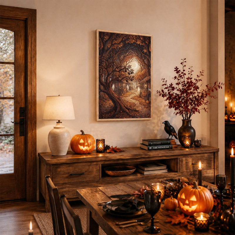 Fantômes au marché forestier d'automne sous un croissant, toile murale d'Halloween, 24"H x 18"W