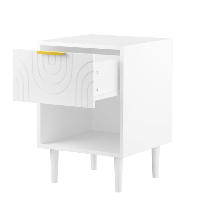 Modern White Nightstand With Drawer, 22.83 Inches Height, Gold Handle, Open Shelf Storage
