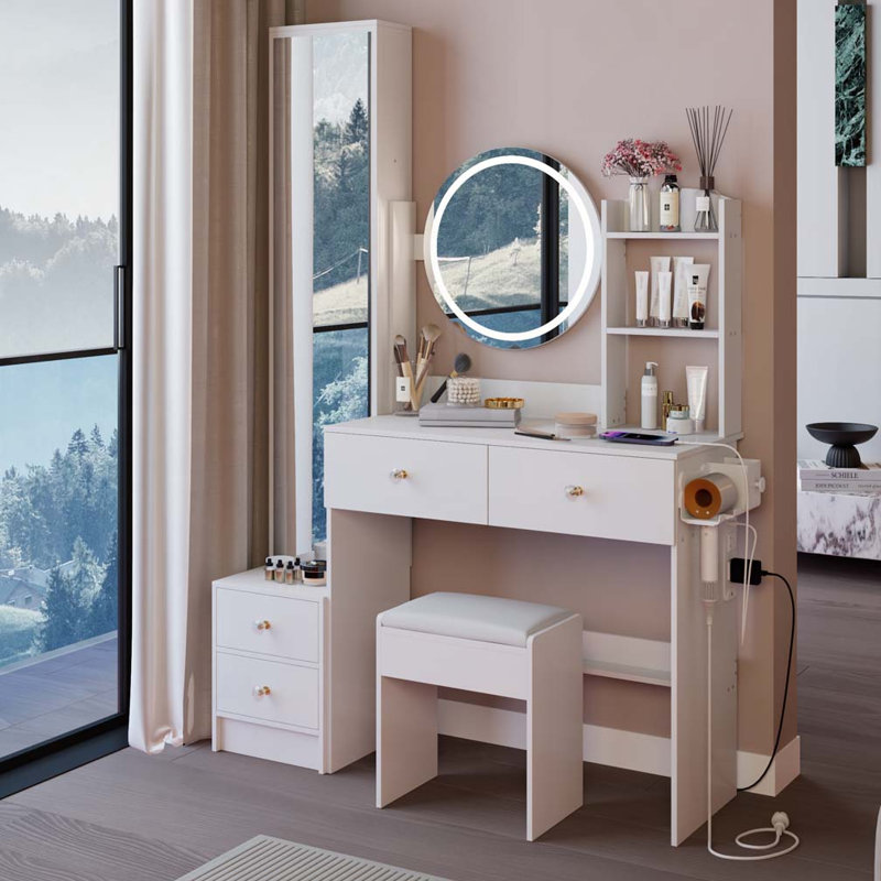 Makeup Vanity Desk with LED Mirror, Stool, and Multiple Charging Ports for Modern Convenience, White
