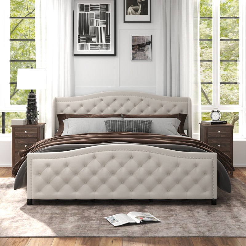 Kassaia Tufted Upholstered Storage Bed with Drawers, King, Beige