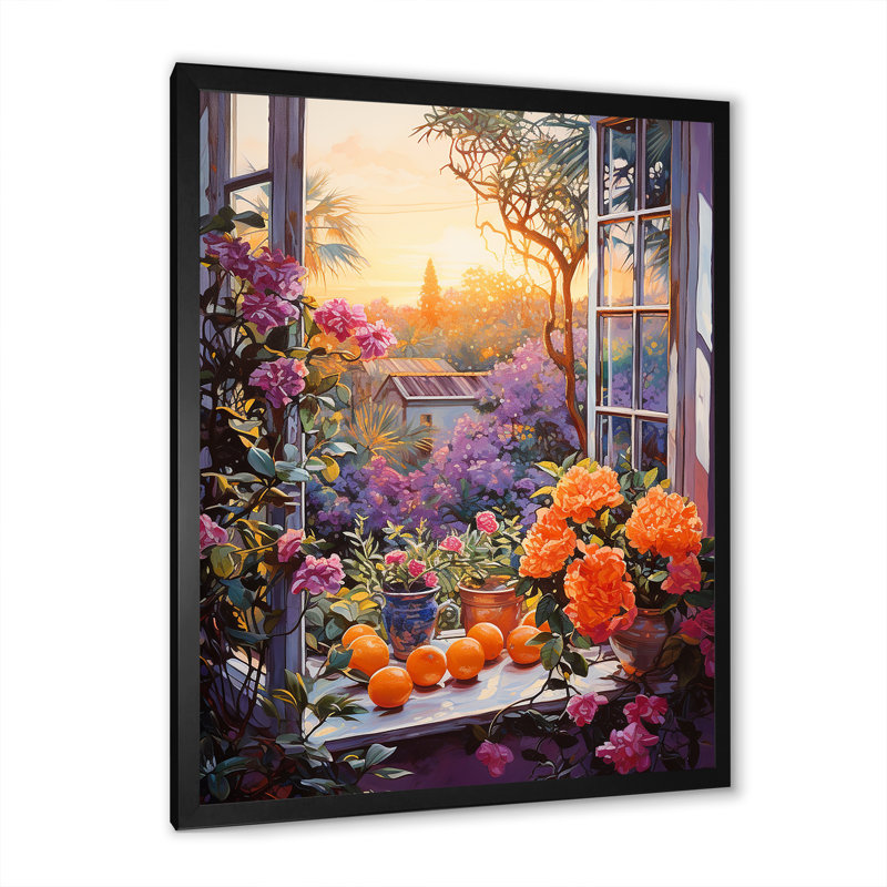 «Sunset Florals Windows View In Italy III», art mural floral, Cadre simple noir, H 20 po x l 12 po x P 1 po