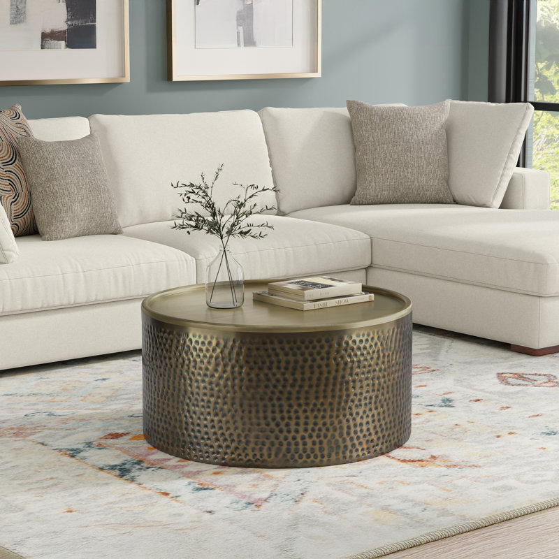 Corbin Metal Coffee Table, Boho Contemporary-Style Metal Drum Coffee Table For Living Room, Hammered Antique Gold