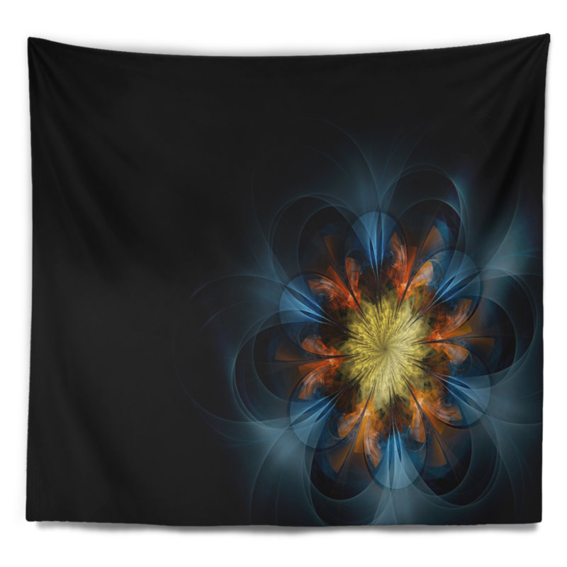 Tapisserie abstraite symétrique bleu orange fleur fractal, H 32 po x l 39 po