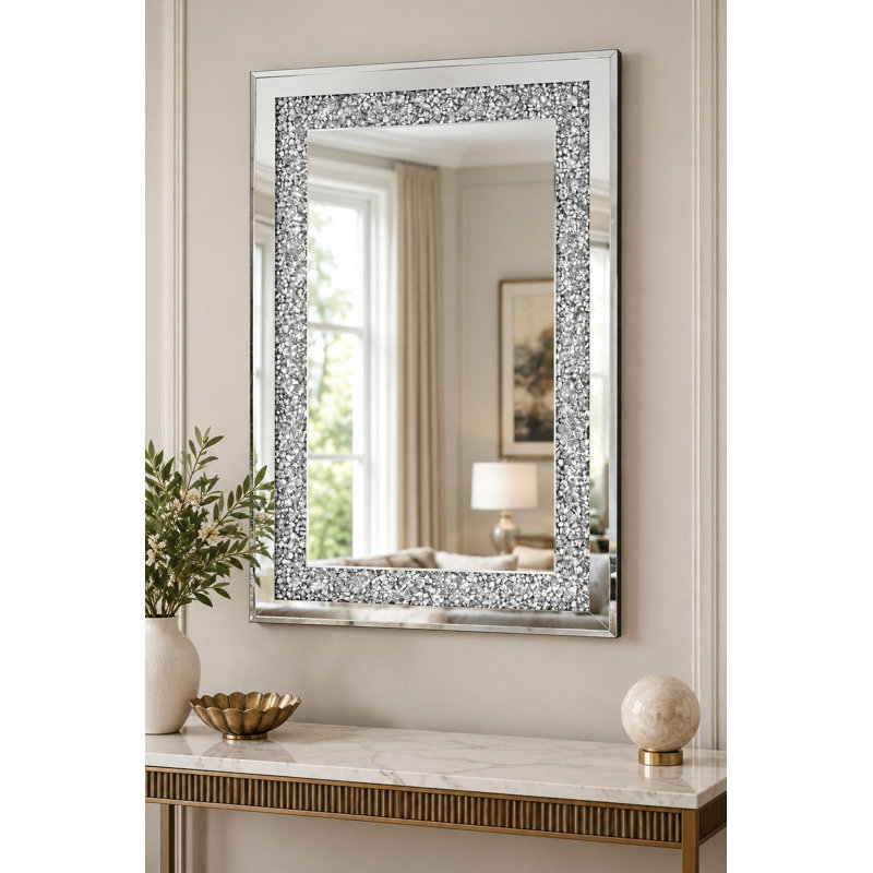 Miroir décoratif de 91 cm (36 po) avec cadre en verre biseauté argenté et faux cristal scintillant